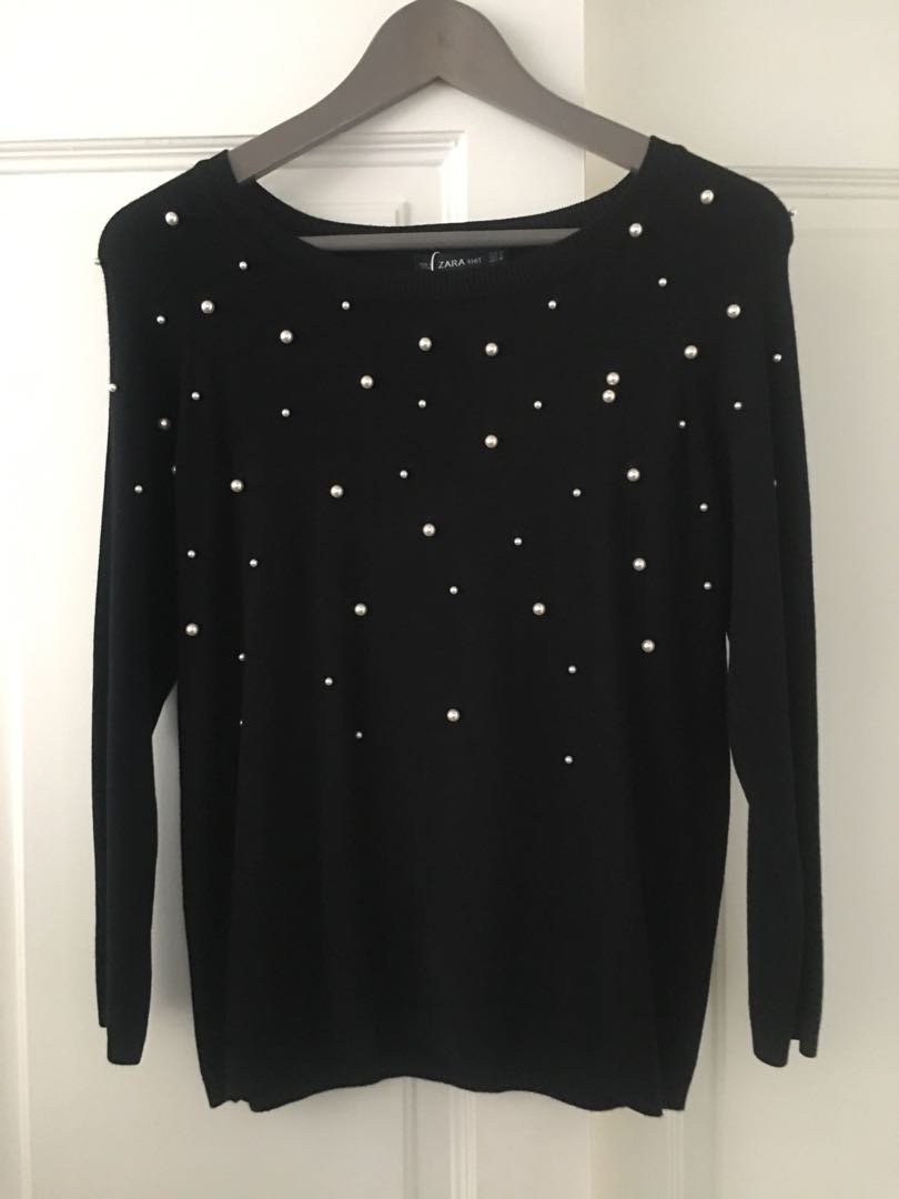 zara black sweater with pearls