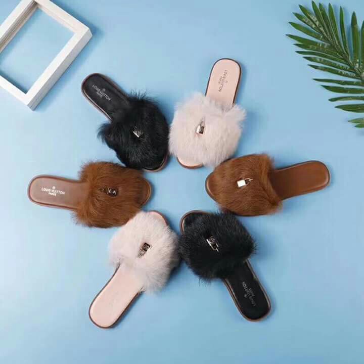 Louis Vuitton Fur Slippers, Luxury, Apparel on Carousell