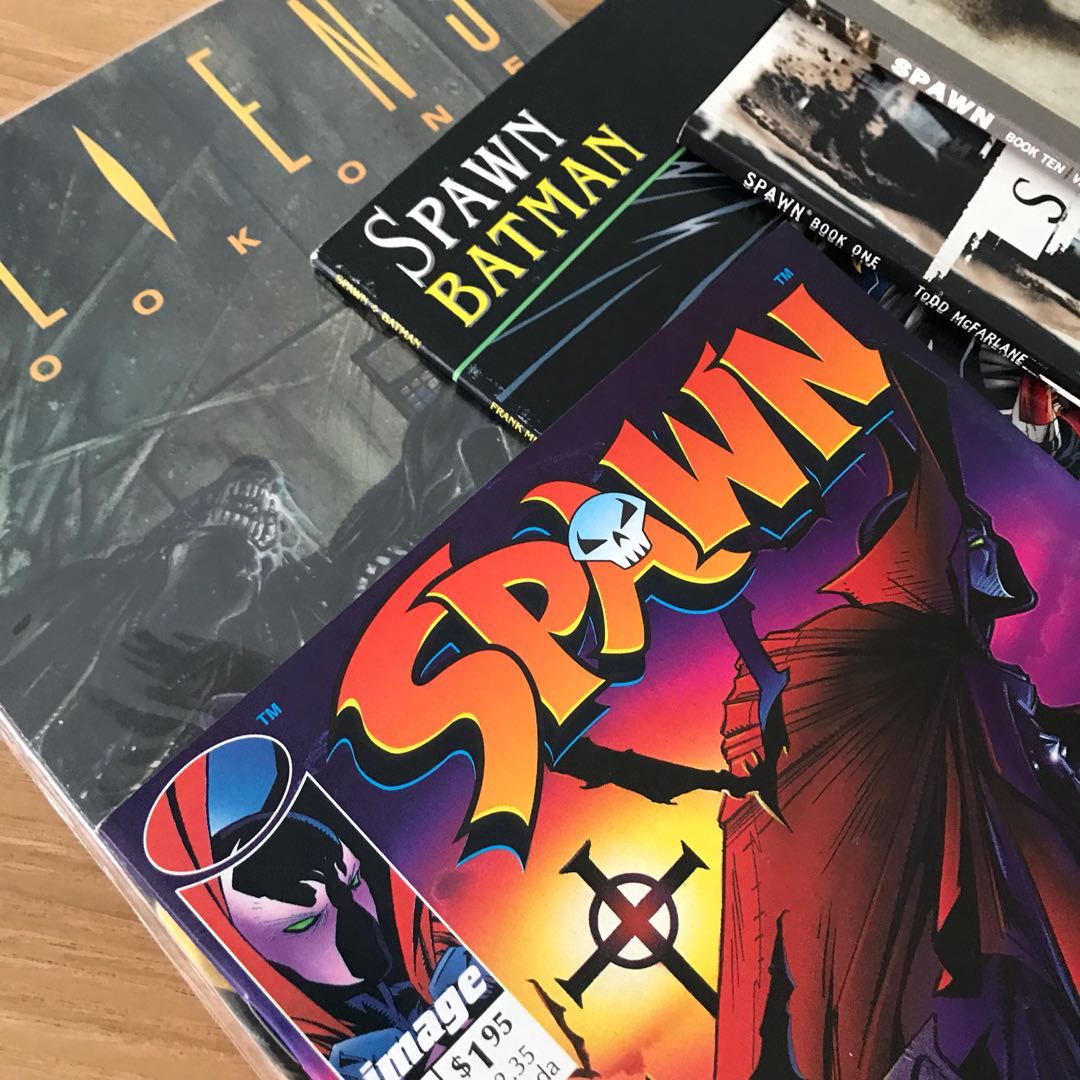 Various Spawn comics (Category: Vintage Collectibles) located in Singapore. Submitted by thecollectorcat (Listing ID 170497303, Image 2). Description: Various spawn comics in pristine conditions for collectors. Spawn paperbacks book 1 (issue 1-5) Spawn paperbacks book 10 (issue 43-47) Curse of the Spawn book 1 (issue 1-5) Spawn issue #2 Spawn Batman Also includes Aliens Book 1 as a bundle of 6 books..