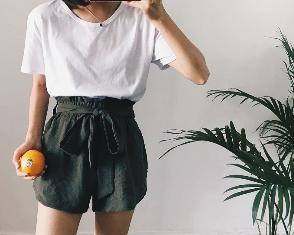army green paperbag shorts