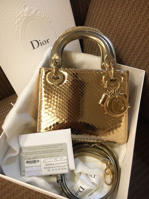 Lady Dior Excellent Lady Dior Mini Phyton Gold complete set with original receipt