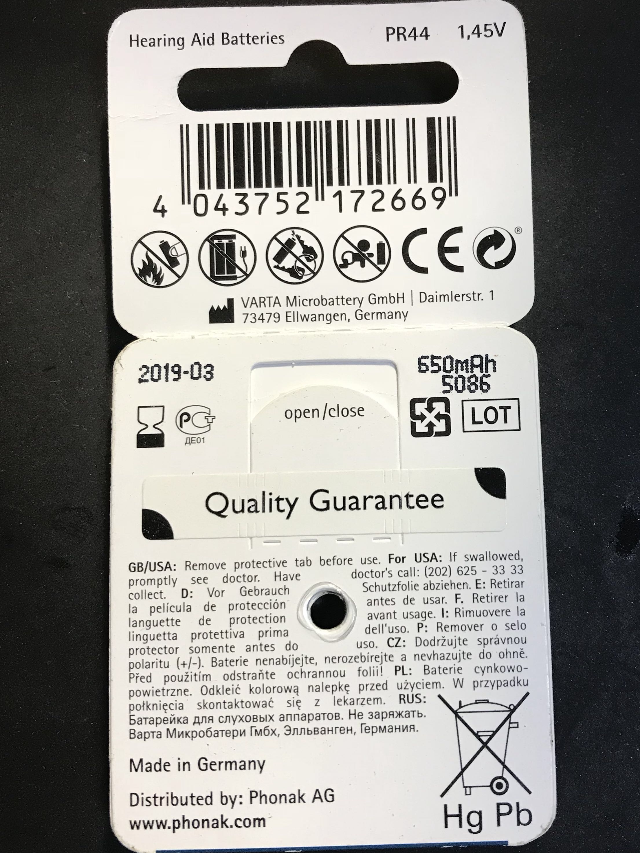 Phonak Zinc Air Batteries 675 Hearing Aid Batteries 6pack, Health & Nutrition, Assistive