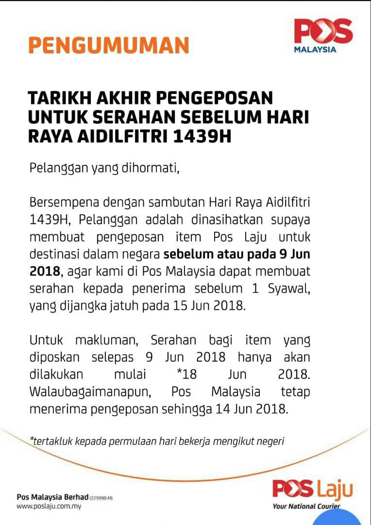 Tarikh Last Pos Laju Sebelum Raya 2018 Community On Carousell