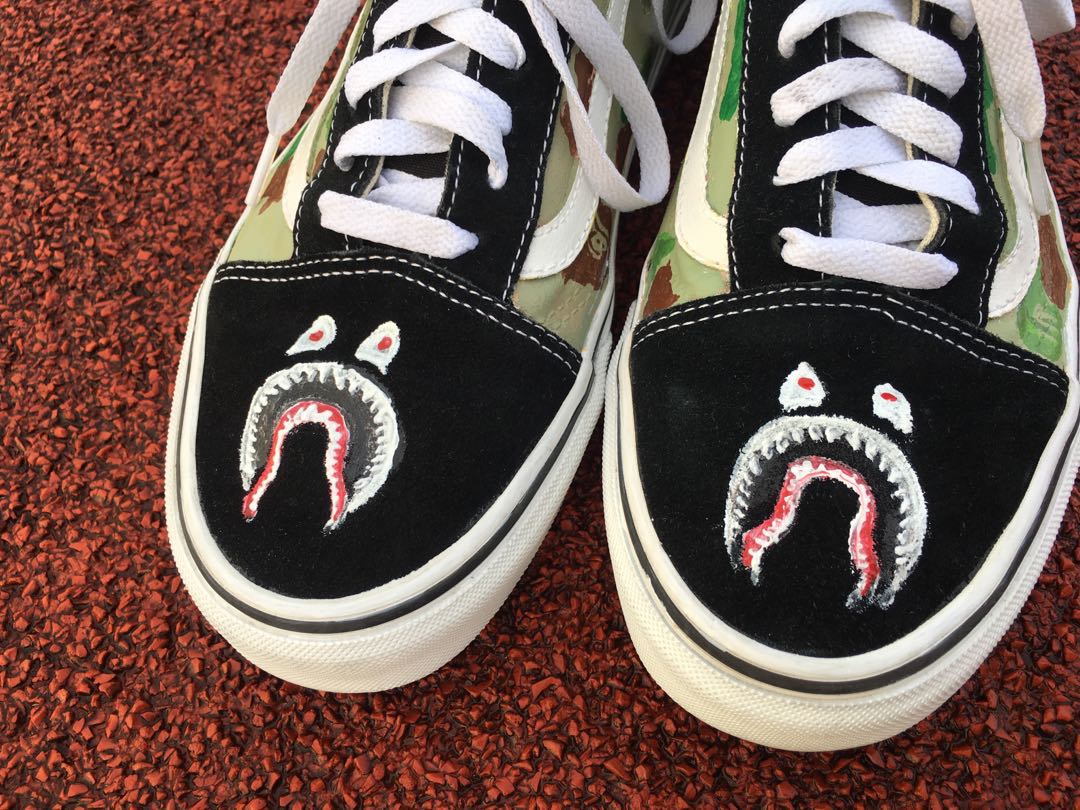 White Old Skool x Bape Custom Handmade Uni-Sex Shoes By Patch Collection :  Handmade Products 