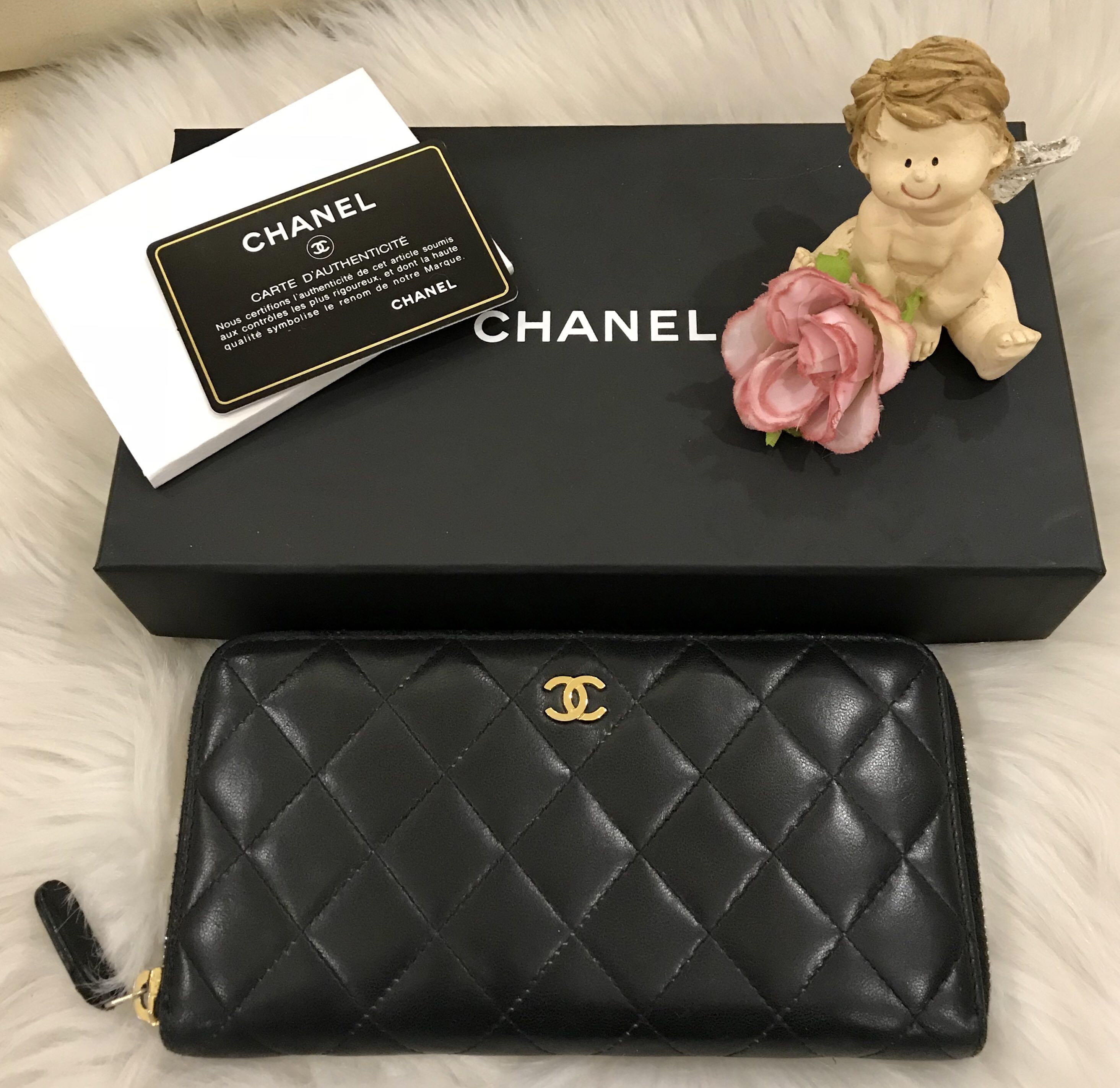 Authentic CHANEL Black Quilted Lambskin Leather Zip-Around Long Wallet