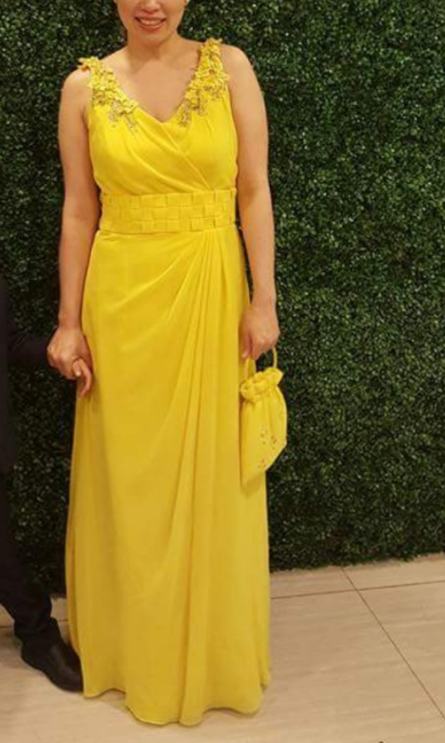 Calvin Klein Canary Yellow Shiffon Ruffled Evening Dress Gown Size 8 | eBay