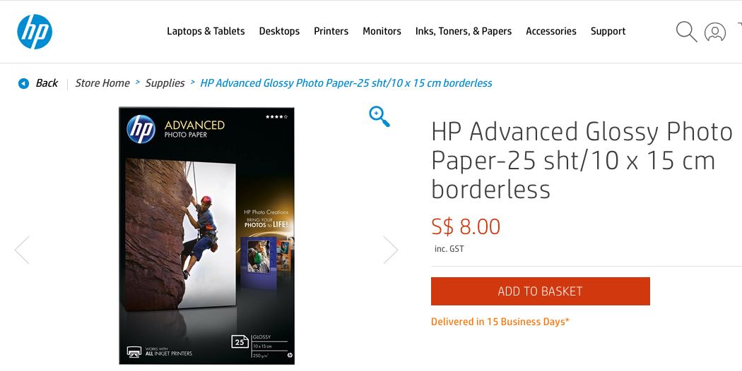 HP Advanced Glossy Photo Paper25 sht/10 x 15 cm borderless