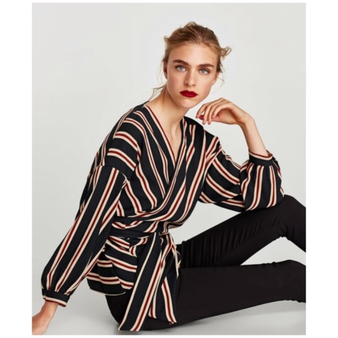 Zara Striped Wrap Blouse with Belt 