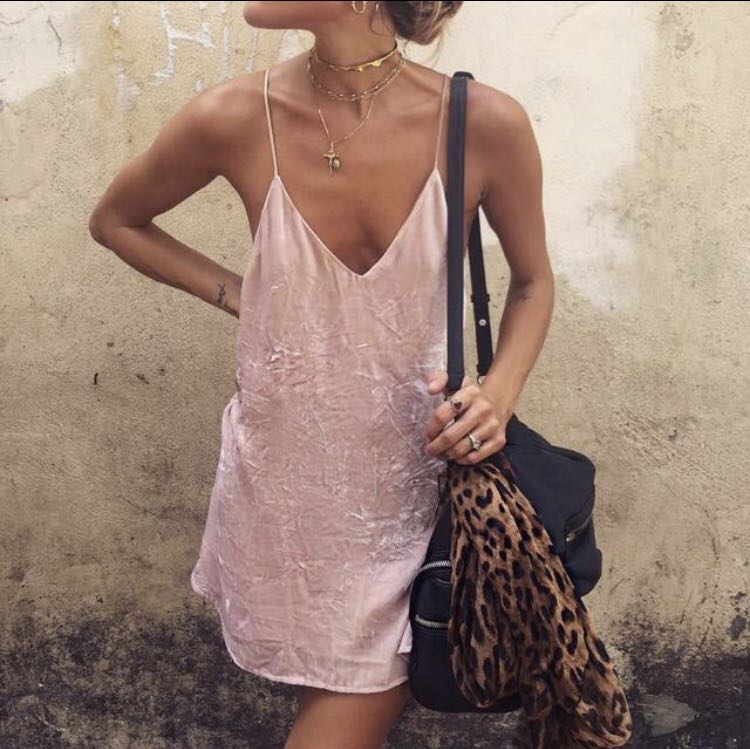 pink velvet slip dress