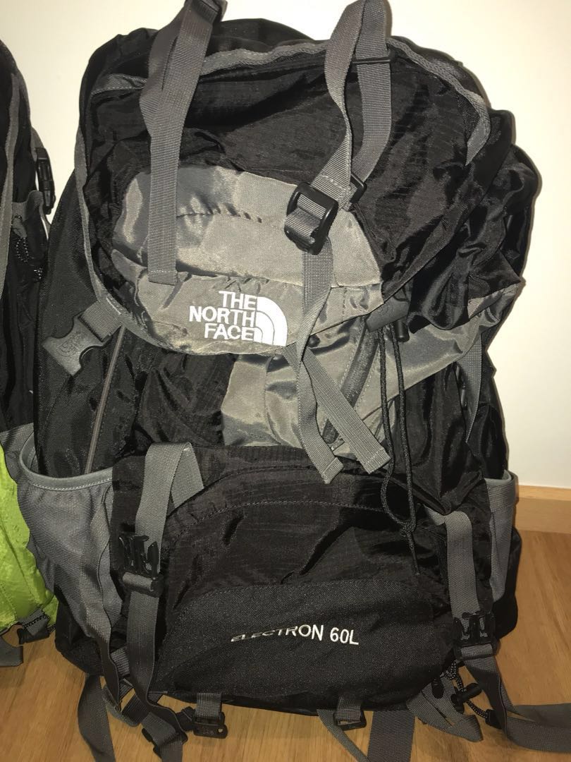 2x North Face Electron 60L Backpacks c/w Raincovers, Sports Equipment