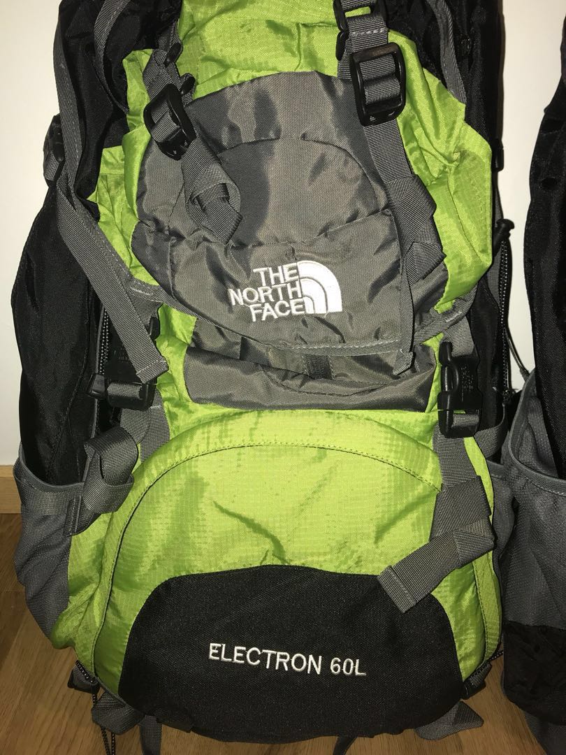 2x North Face Electron 60L Backpacks c/w Raincovers, Sports Equipment