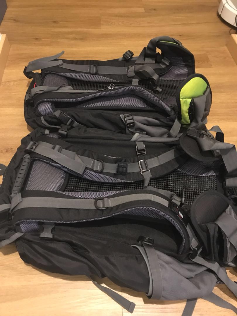 2x North Face Electron 60L Backpacks c/w Raincovers, Sports Equipment