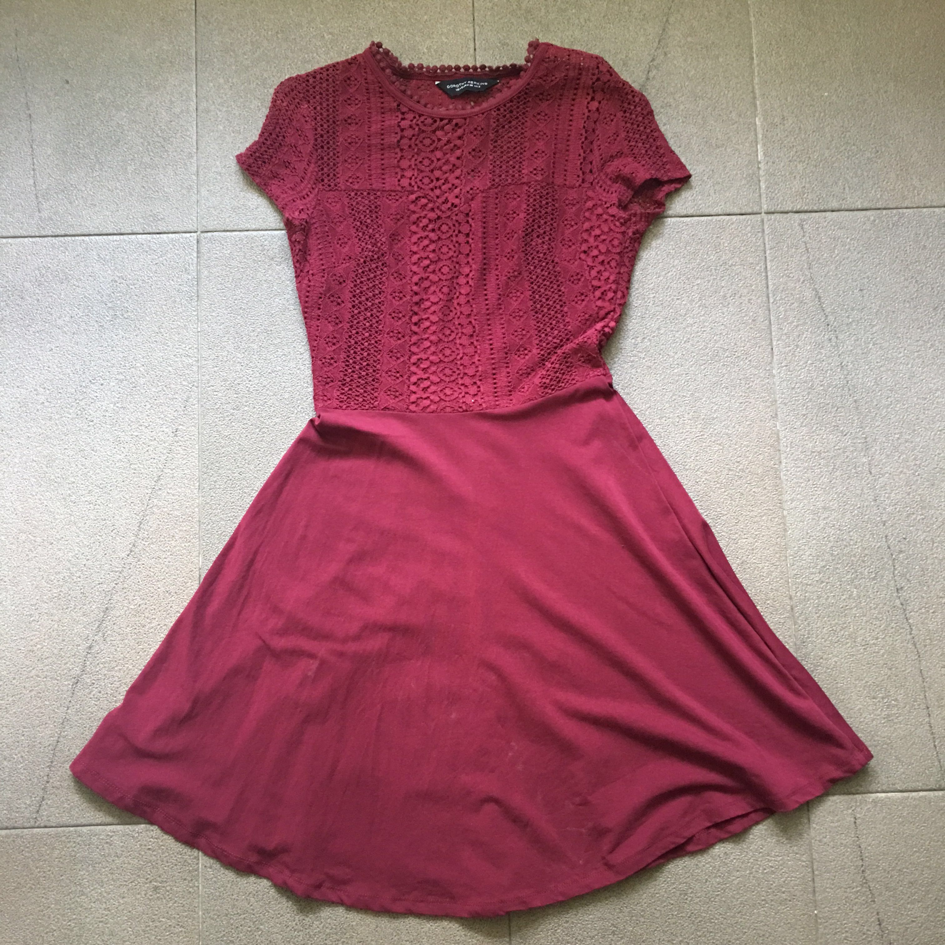 Dorothy Perkins Burgundy Crochet Skater Dress Women s Fashion Dresses Sets Dresses on Carousell