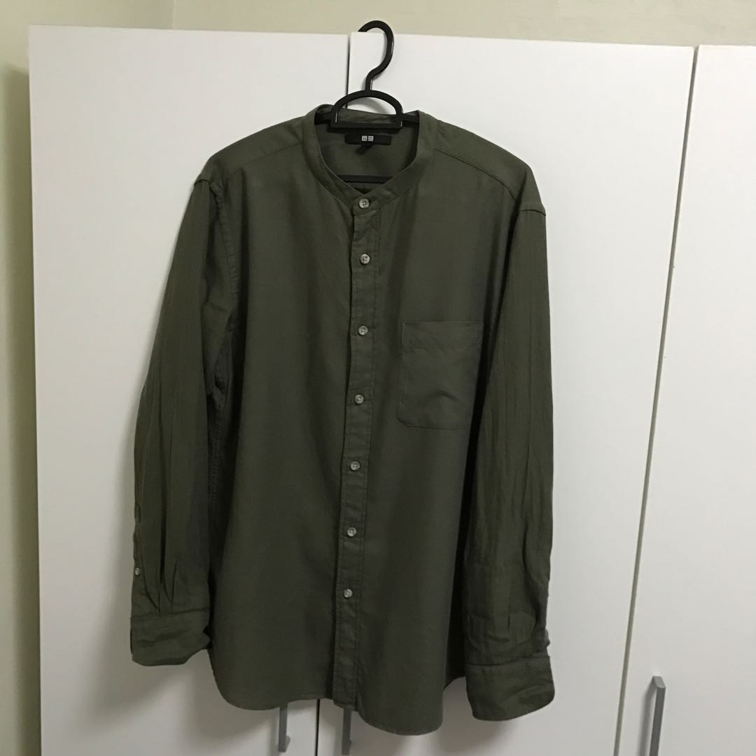 Olive green mandarin collar shirt clearance