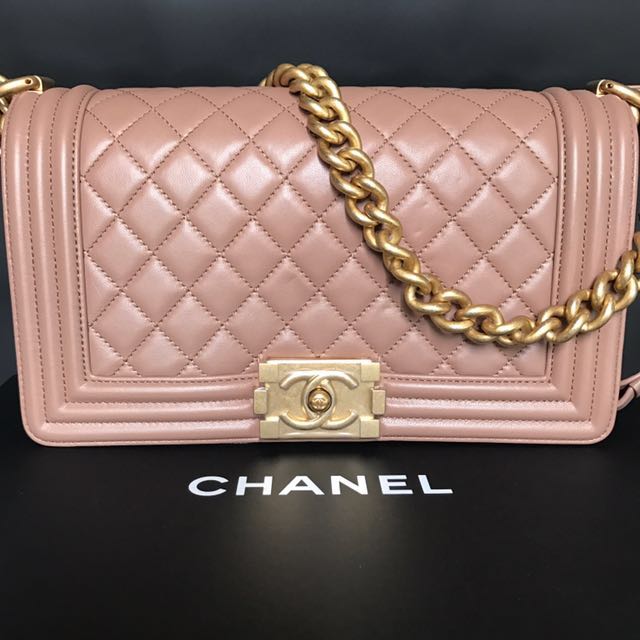 bn chanel dark beige lambskin medium boy bag with antique gold