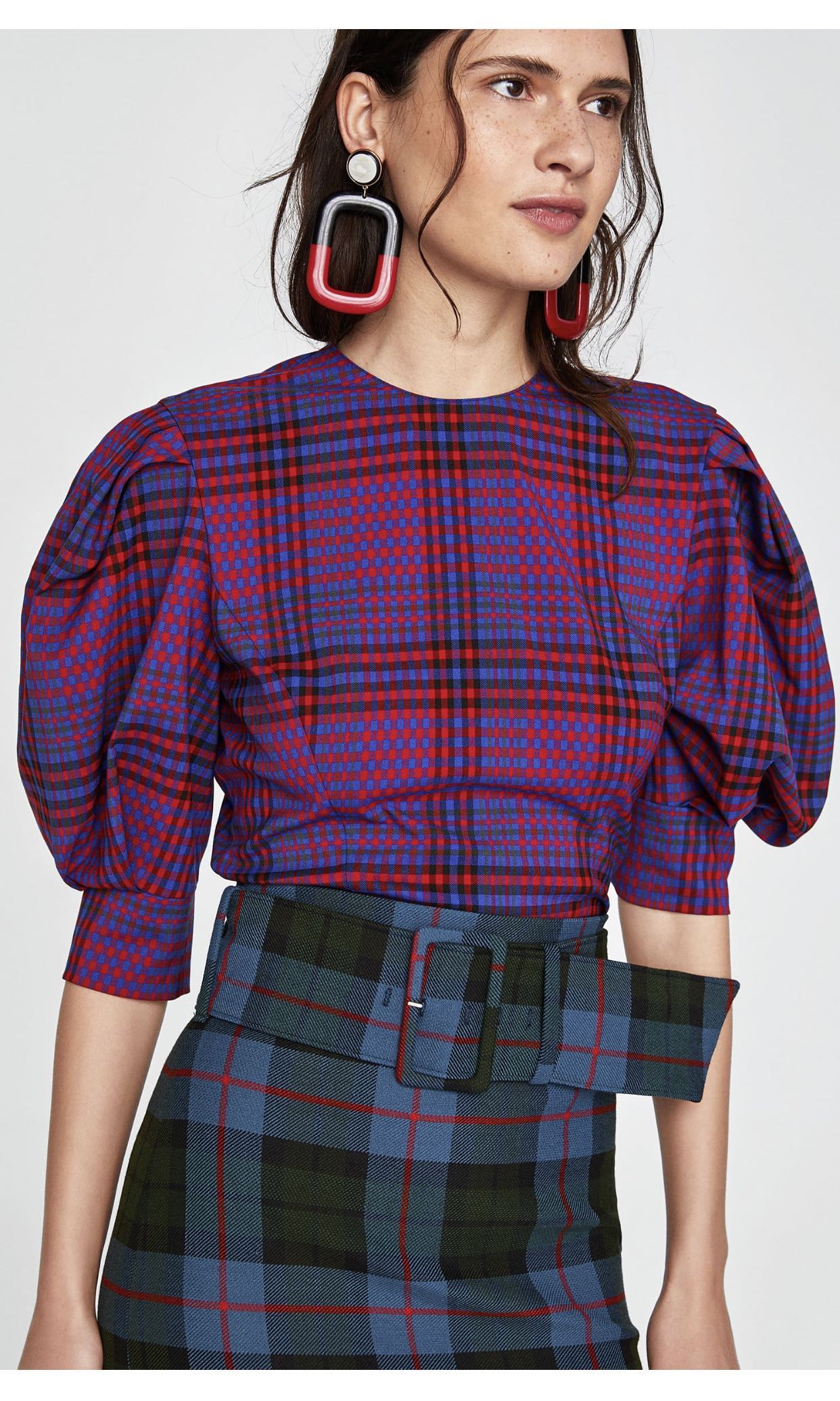checked top puff sleeves zara blouse 