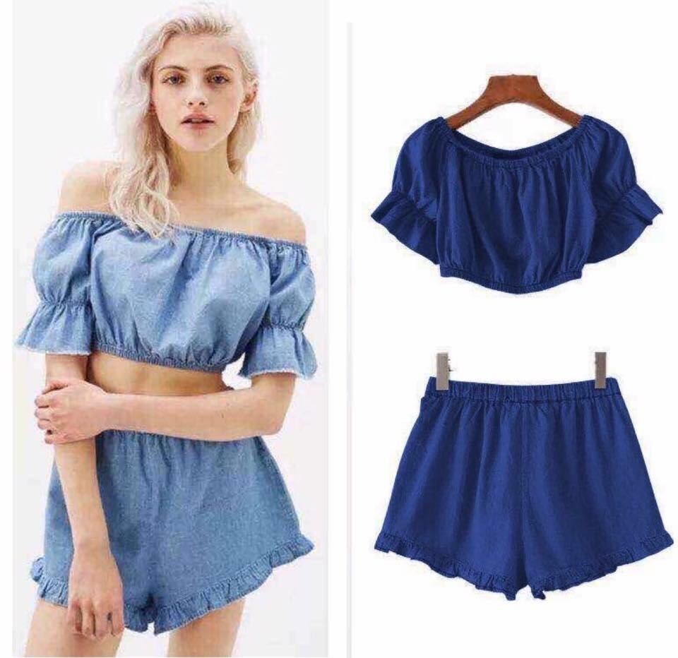 denim off shoulder crop top
