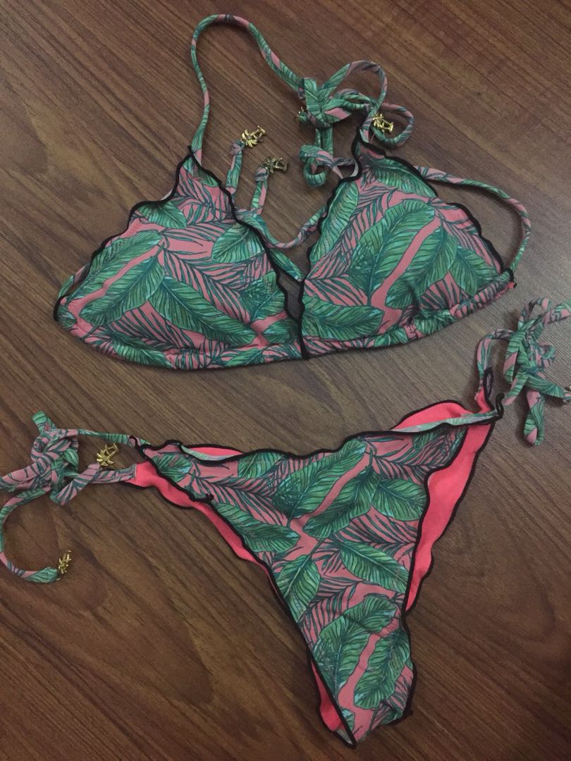 Pink and Green Leafy Two Piece Bikini, Women's Fashion, Swimwear, Bikinis & Swimsuits on Carousell