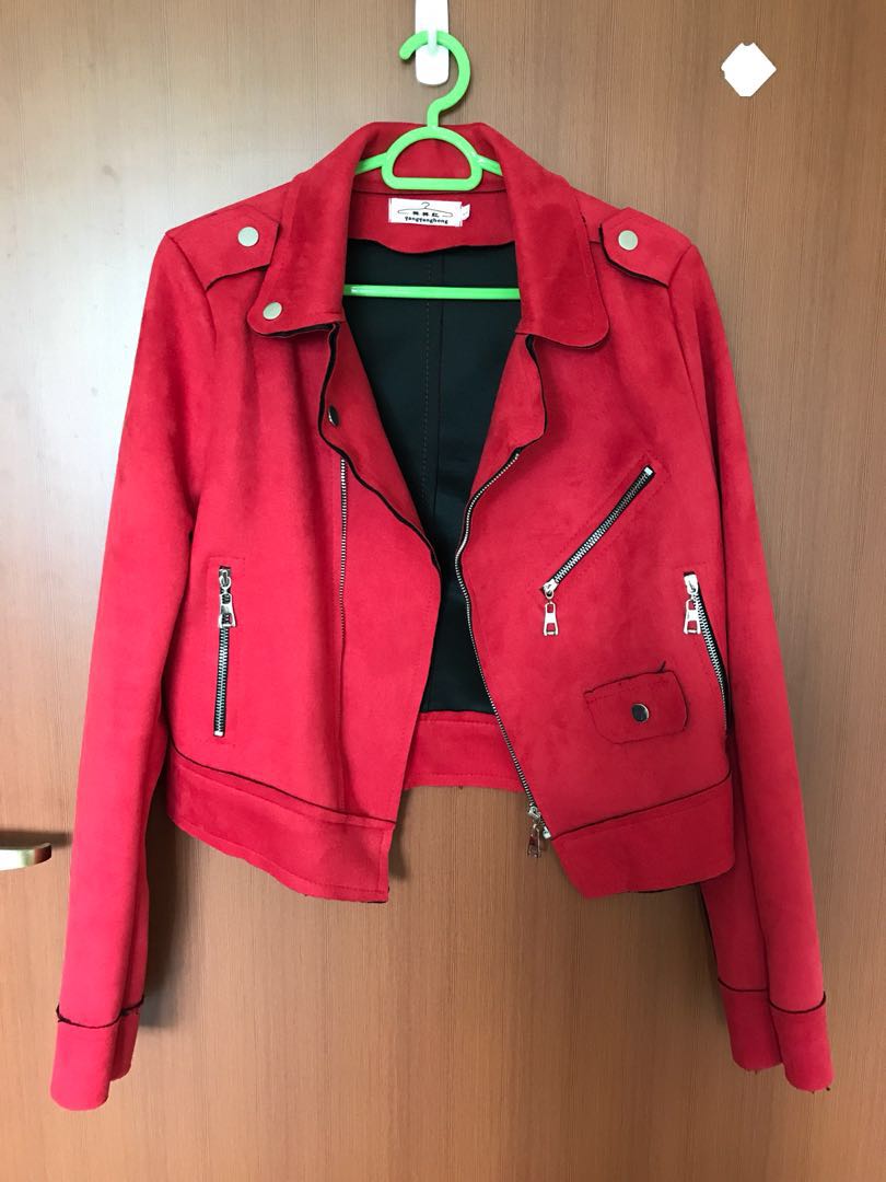 Red velvet suede biker jacket Women s Fashion Coats Jackets and
