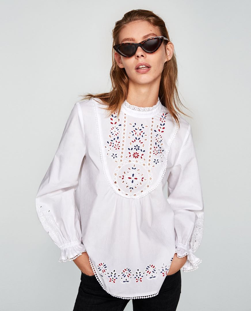 ZARA White Blouse with Embroidered 