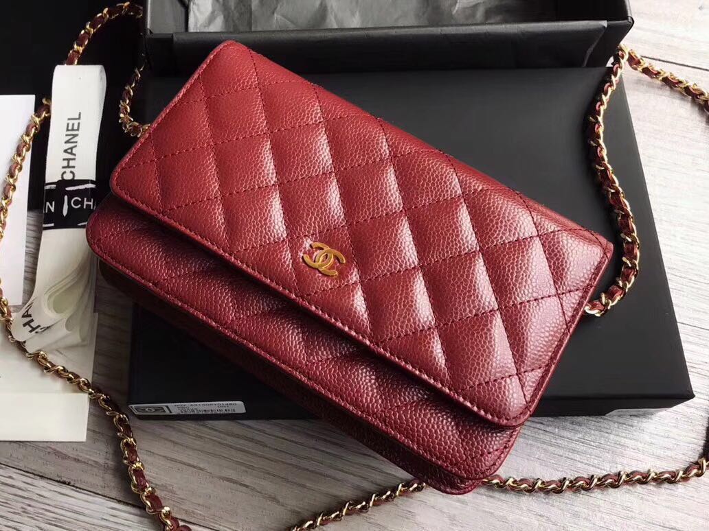 【Chanel wallet on chain】 red caviar with gold hardware,SG ready stock.