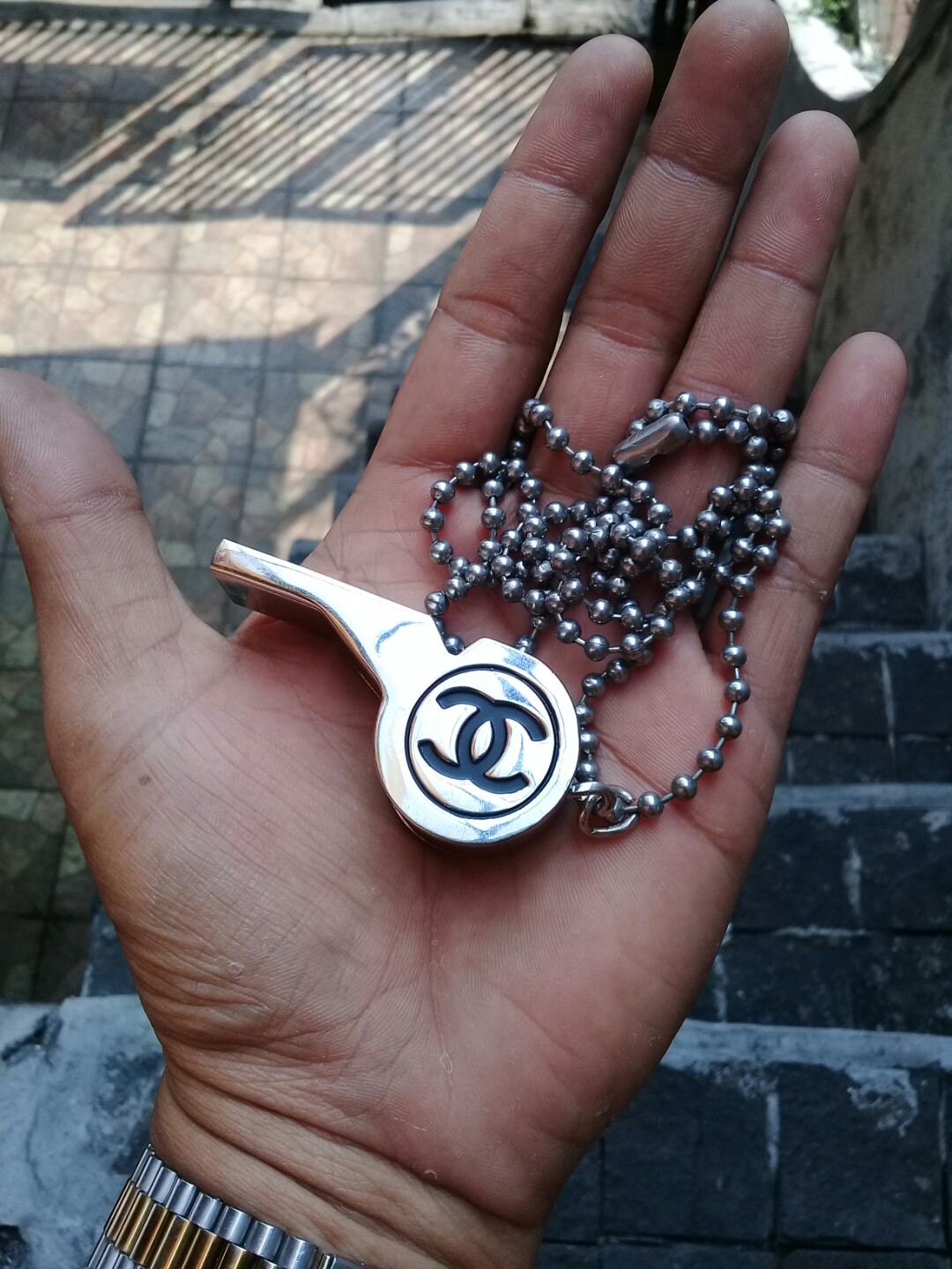 Chanel Whistle Pendant Necklace Steel AUTHENTIC Fesyen Wanita