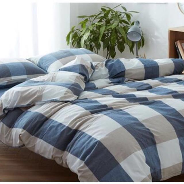 Free Cushion Cover Muji Style Bed Sheet Full Set Blue Checked Photo