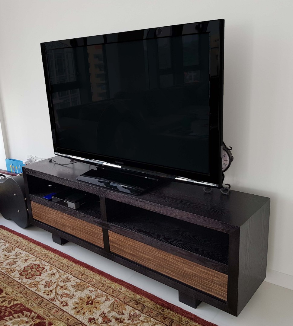 Large wooden TV console with 2 storage drawers, Furniture & Home Living