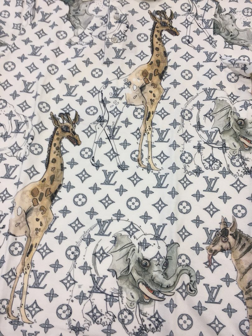 Louis Vuitton Men's Brown Silk Chapman Giraffe Short Sleeve Shirt