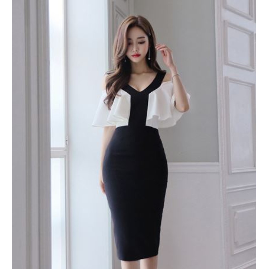 D023 - Korean sexy elegant cold shoulder vneck dress, Women's Fashion ...