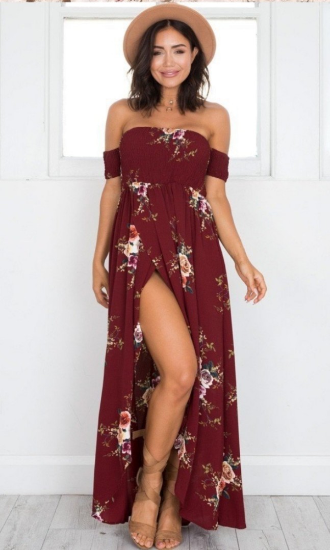 maroon floral maxi dress