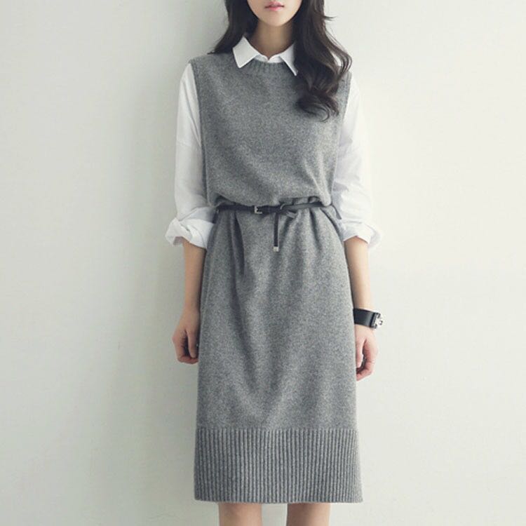 Mono Coloured Korean Style Collared Knitted School Girl Dress
