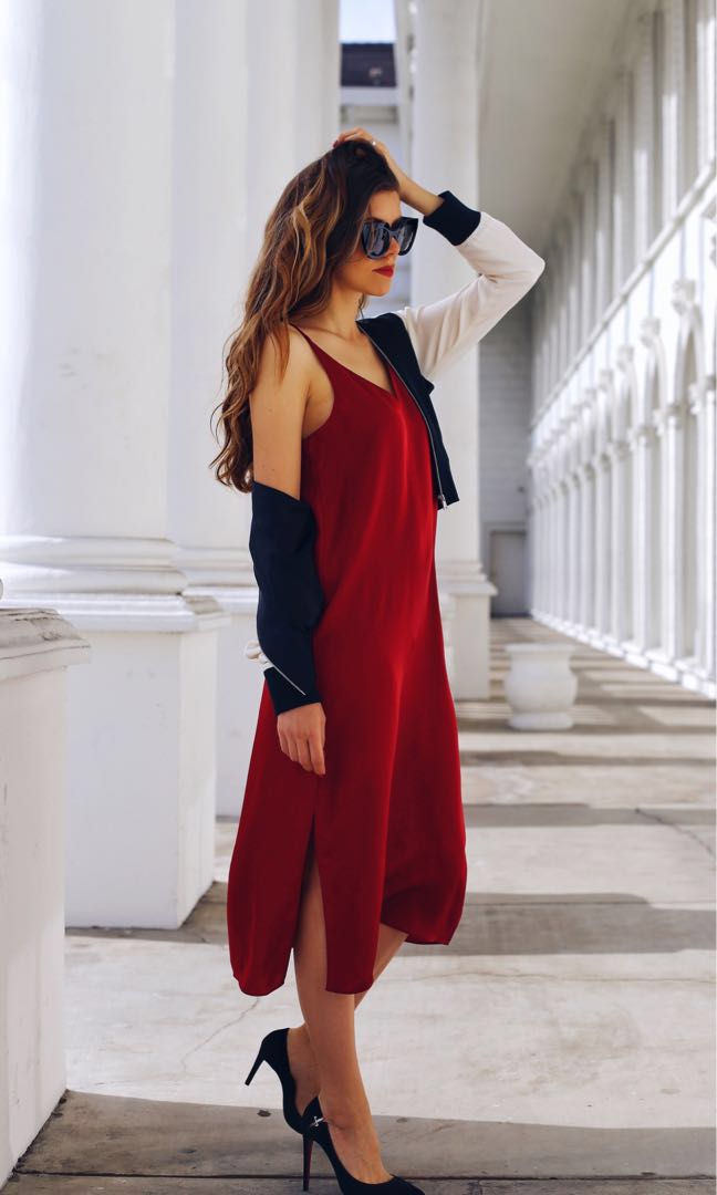 Red silk top v neck dress