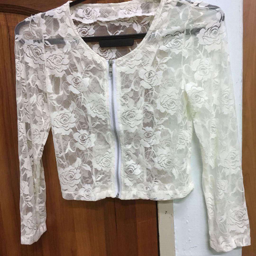 White Lace Short Cardigan with full Rose Patterns Zip Long sleeve