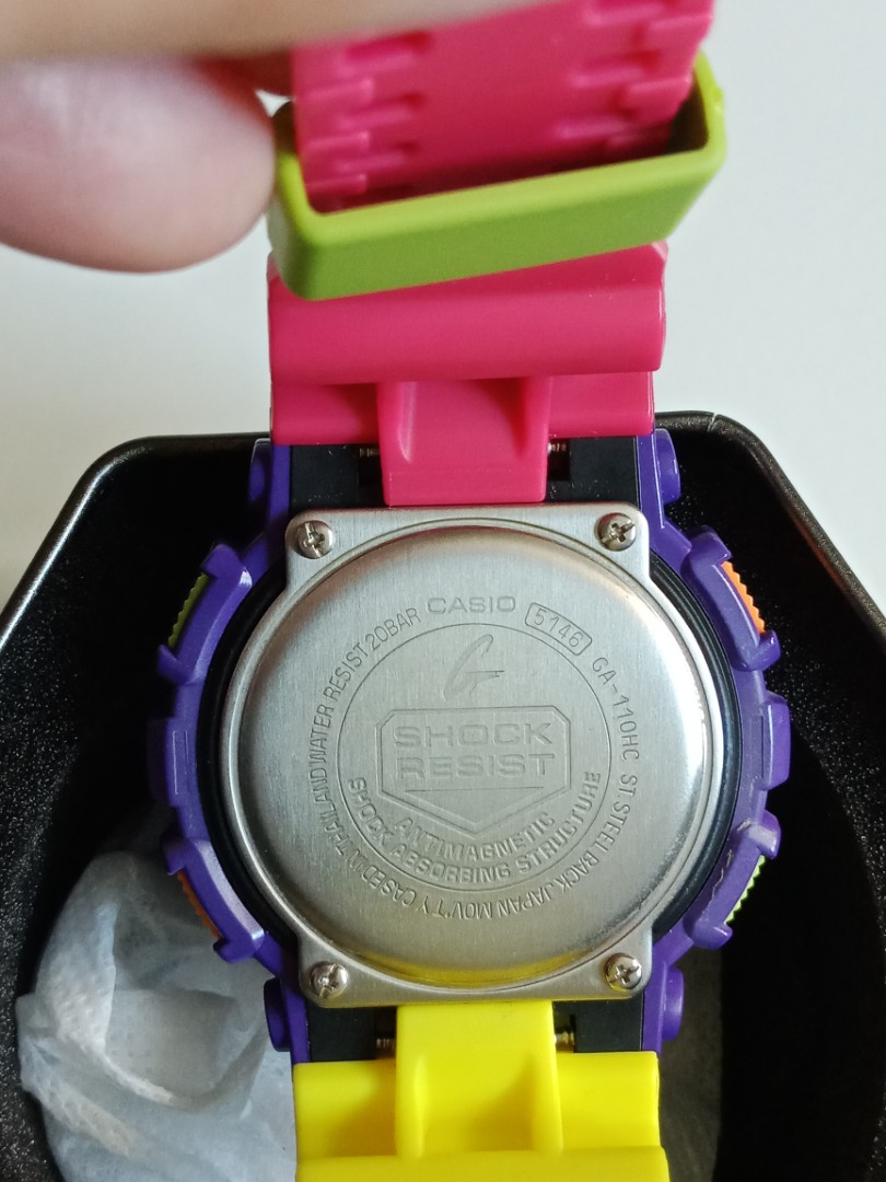 Authentic Casio G-Shock - used (Category: Watches) located in Singapore. Submitted by cass1319 (Listing ID 173179556, Image 2). Description: Selling rarely used Casio G-Shock Watch Worn few times only (less that 5 times) Very good condition, original wrist band is purple and yellow (refer to picture 6) Interested and serious buyer only pm for price Pls check out my other listings.
