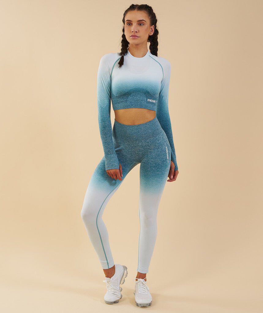 GYMSHARK OMBRE SEAMLESS SET IN ICE BLUE/WHITE, Women's Fashion