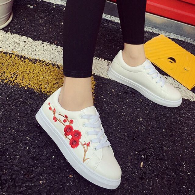White Embroidered Shoes with Red 