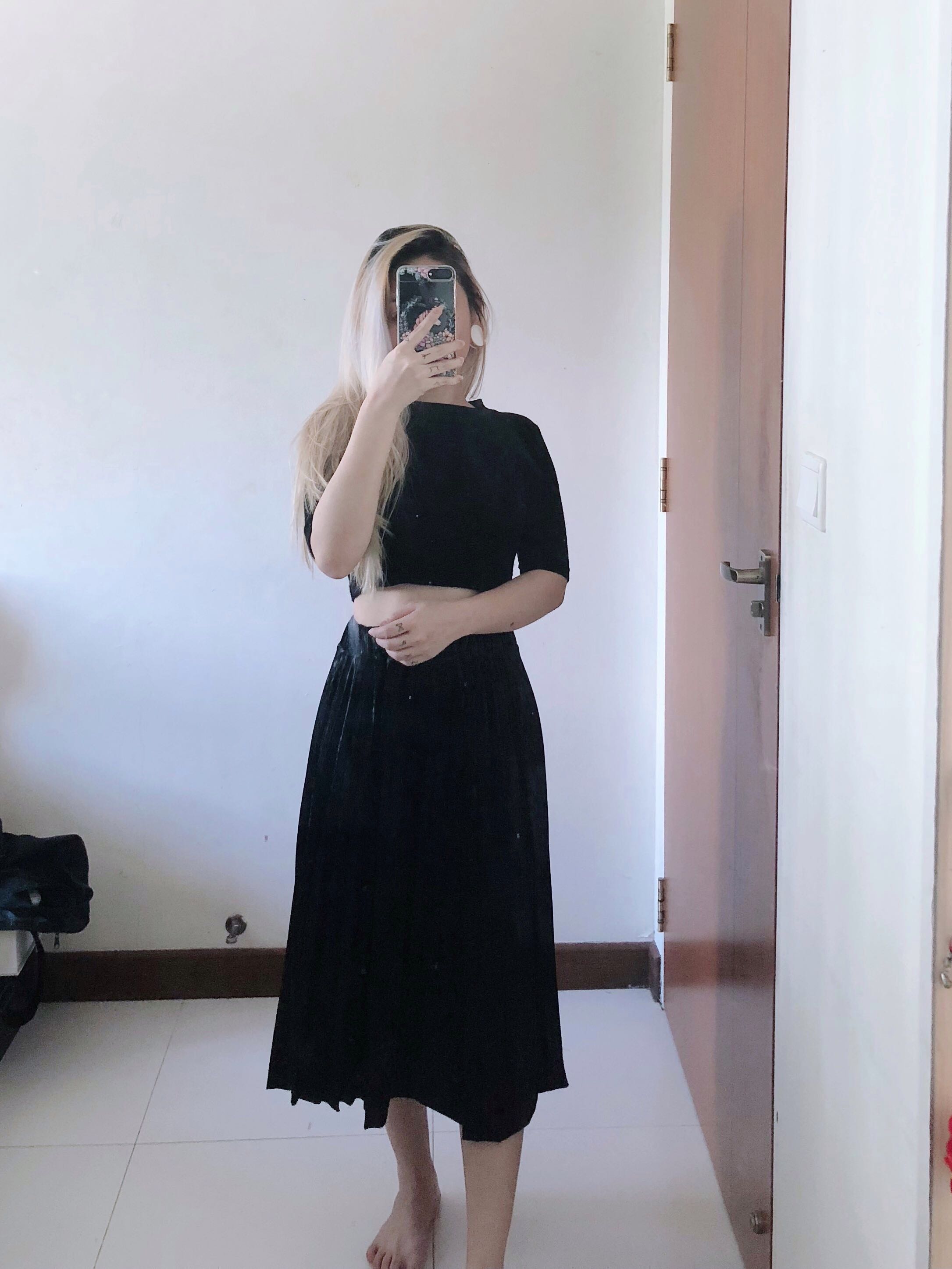 black velvet pleated midi skirt