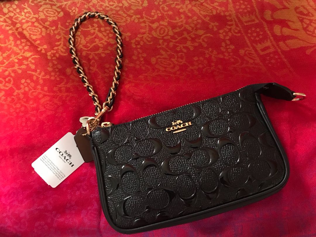 Coach Large Wristlet 19 with chain (Black Debossed), Women's Fashion ...