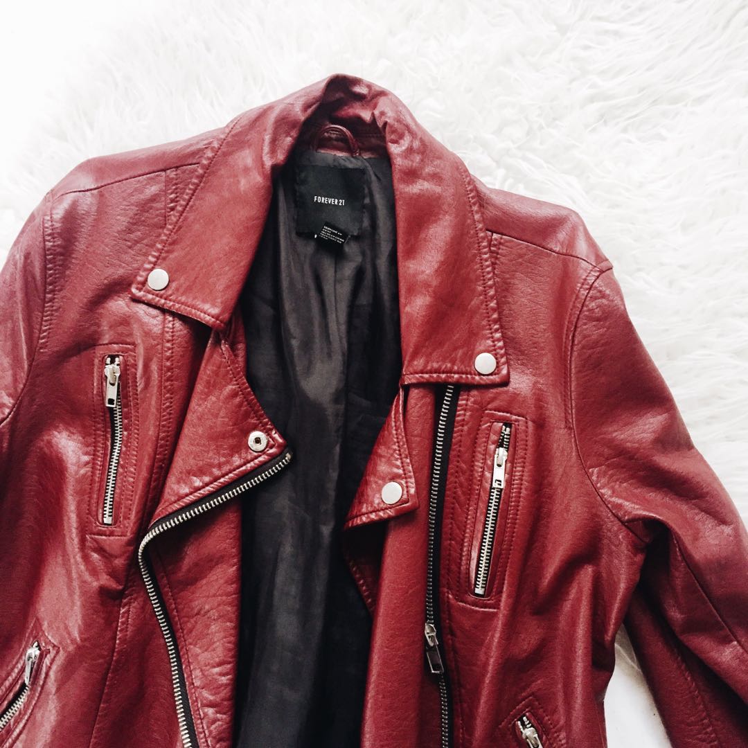 Red leather jacket forever 21 on sale
