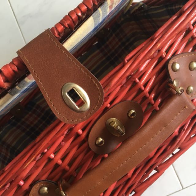 Red wicker picnic basket, Women's Fashion, Bags & Wallets, Tote Bags on