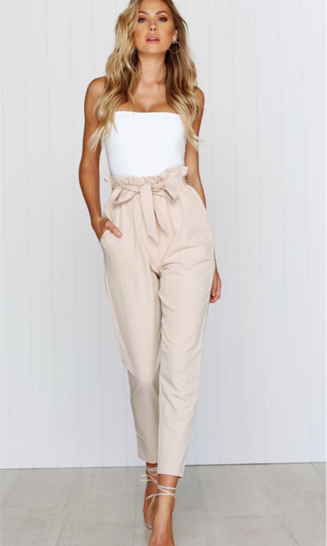 beige tie waist trousers