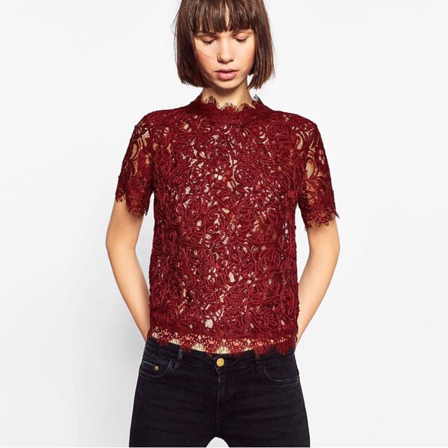 Zara Burgundy Embroidered Lace Top 