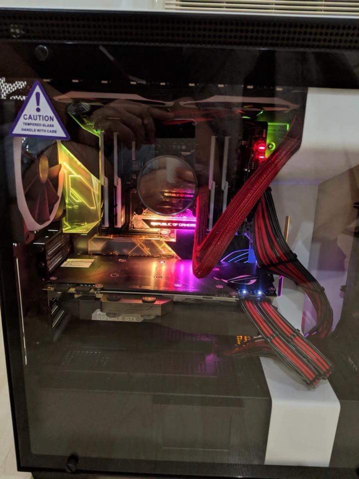 Gaming PC i9 rog build (Category: Desktops) located in Cebu City. Submitted by beagles30 (Listing ID 173623351, Image 3). Description: Cost 270k to build. Still bnew never been used only assembled. Selling for 180k Cpu: I9 7900x ----50k Mobo: RogRampageVi extreme mobo 39k GPU: Rog poseidon 1080ti -65k Memory:G skillz tridentz rgb 32gb 3000mhz - 23500 500gb 960 evo m.2 2x -13k each 500gb 850 evo ssd - 7500 1.5tb total Nzxt h700i case -11k Nzxt aer