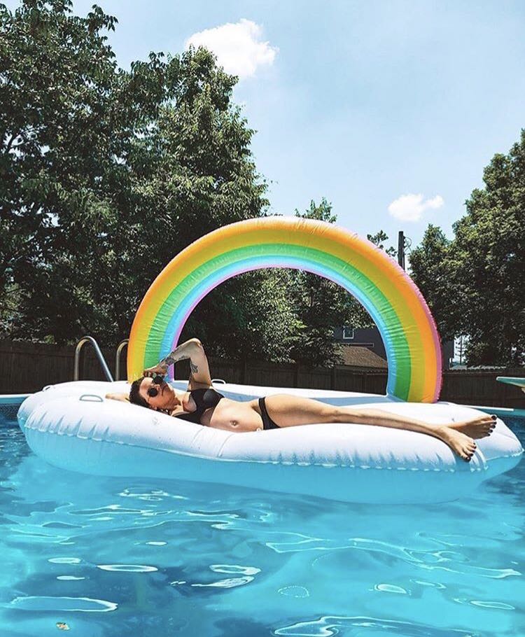Rainbow Cloud Pool Float (Category: Sleeveless) located in Singapore. Submitted by floatyfloats_sg (Listing ID 173613984, Image 1). Description: 9 ft x 6 ft when fully inflated. Takes 180cm across in dimension which includes when fully inflated. Takes about 3 minutes to be fully inflated with an electric pump! :) Available for rental of floats as well Rental charges are as followed 2 days: $15 5 days: $18 7 days: $20 +$3 per day for every additio