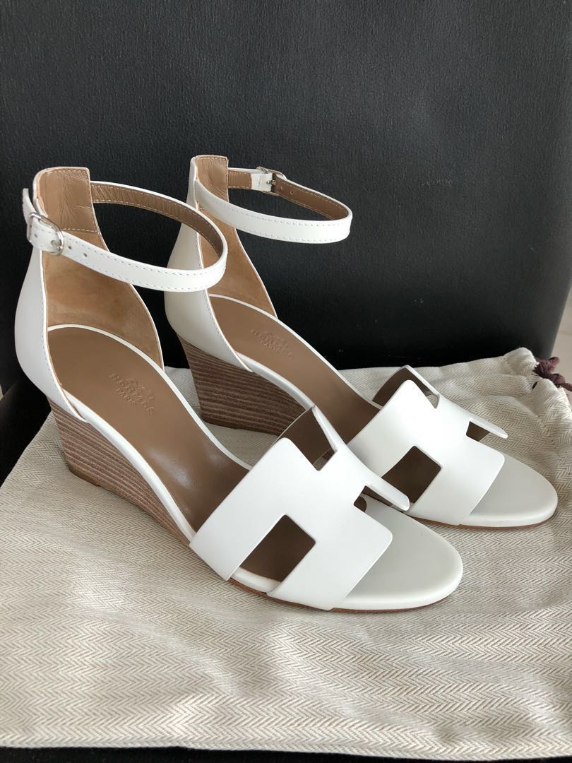NEW! HERMES LEGEND WEDGES SHOES WHITE 