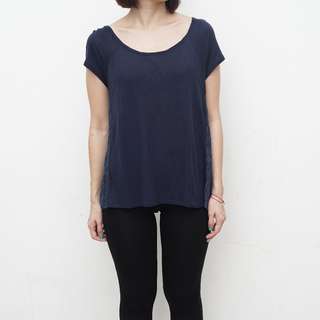 FOREVER21 - Navy Tshirt with Lace Sleeve Details - Size S