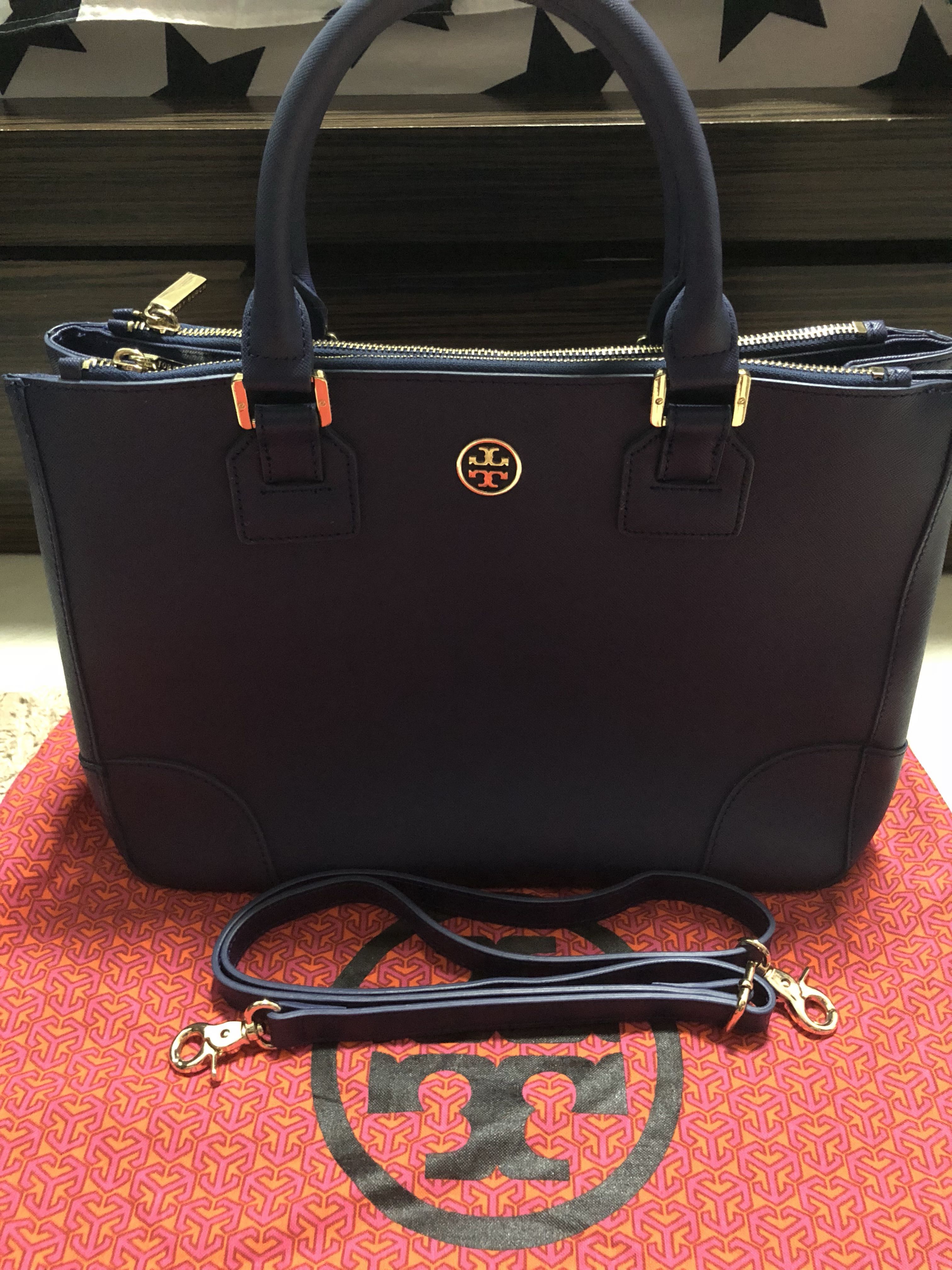 Tory Burch Robinson Double-Zip Saffiano Tote Bag, Black with Gold Hardware