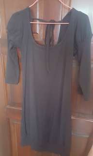 Black dress puffy shoulder ribbon tie on back of neck