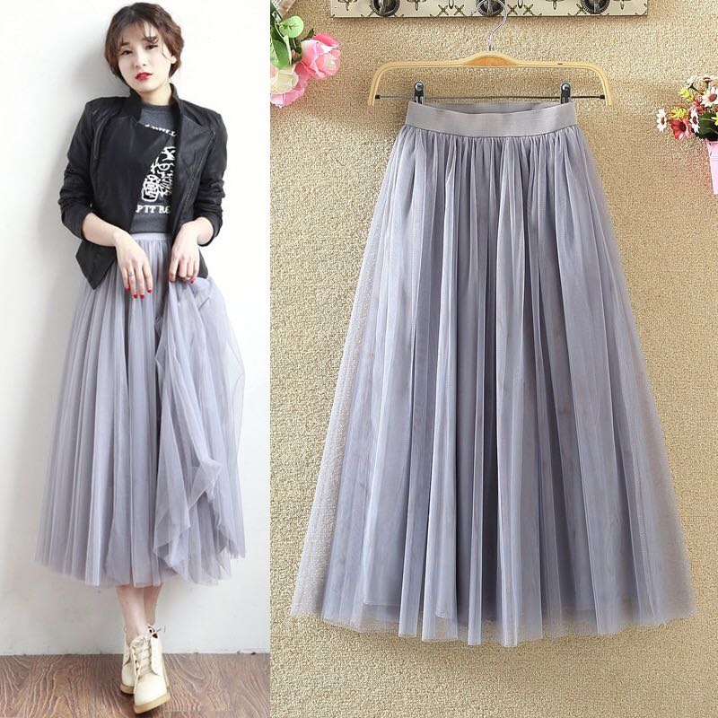 Tulle Midi Skirt (Grey), Women's 